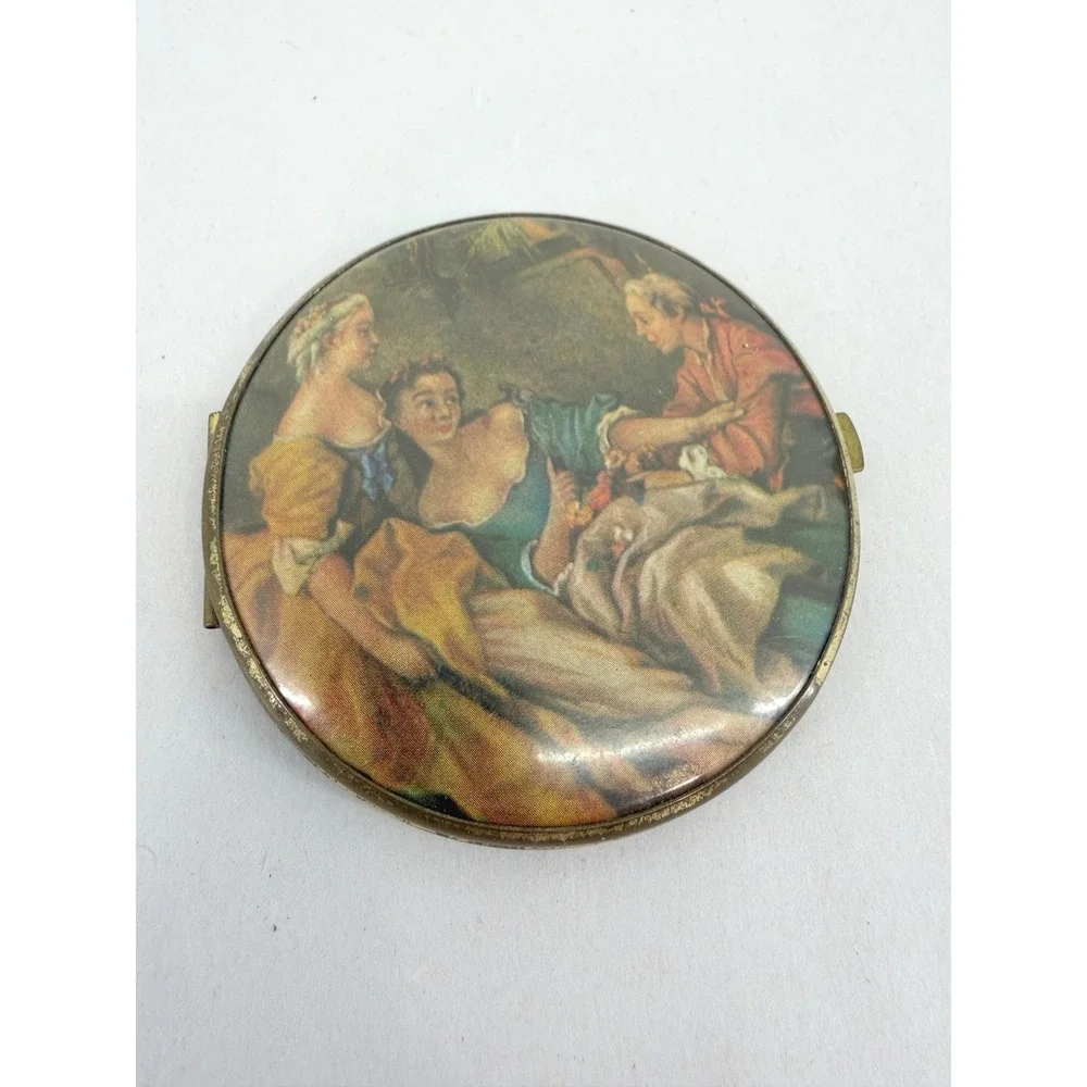 Vintage Gold Tone Round Double Compact Mirror Renaissance Fragonard Scene